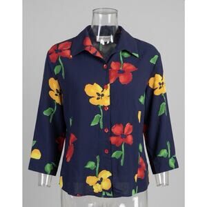 Vintage Peter Popovich Made In USA Navy Blue Floral Blouse Size S/M Relaxed Fit.